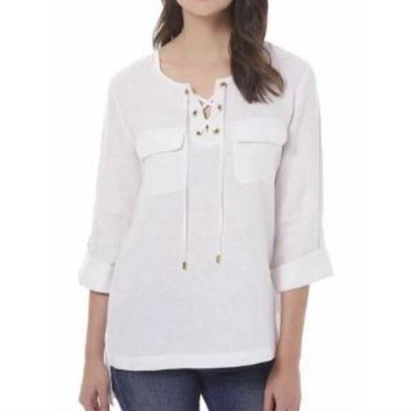 Ellen Tracy Women's Small 100% Linen Chalk 3/4 sleeve Boho Tunic Blouse Lace Up - Picture 1 of 8
